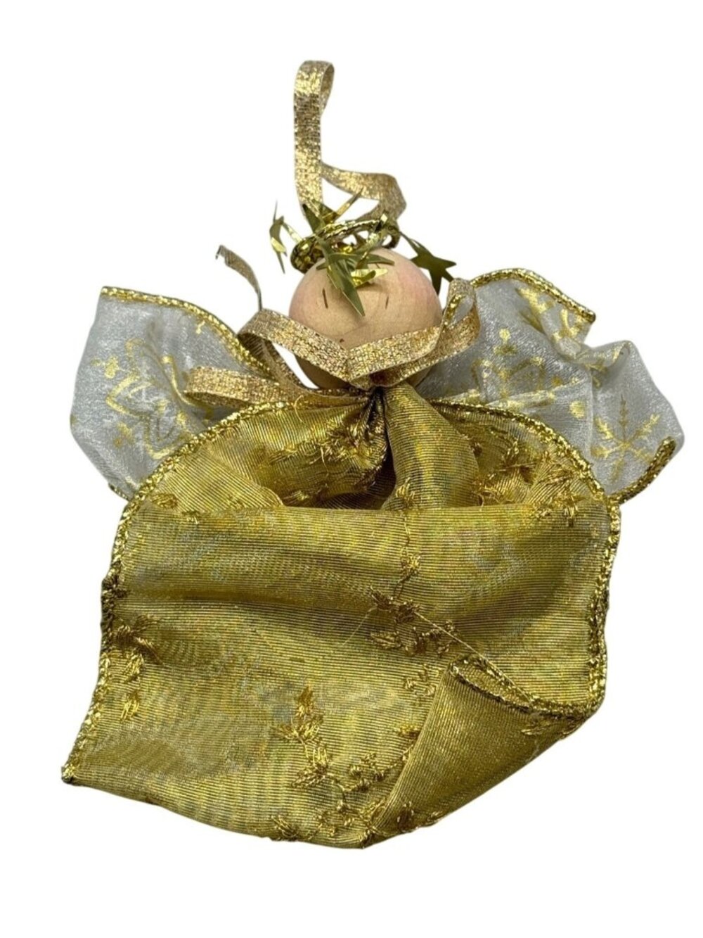 Handmade Christmas Angel tree ornament gold white ribbon snowflakes 5" READ